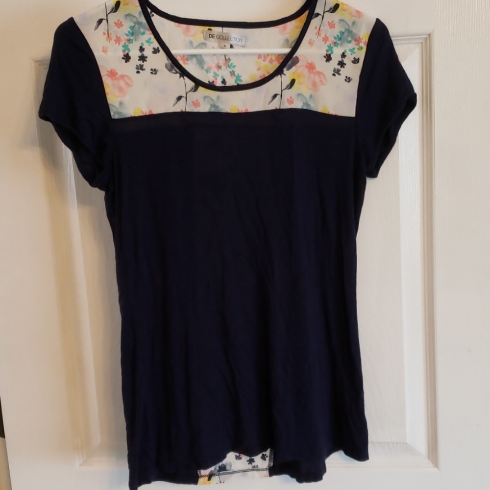 Navy and floral print blouse